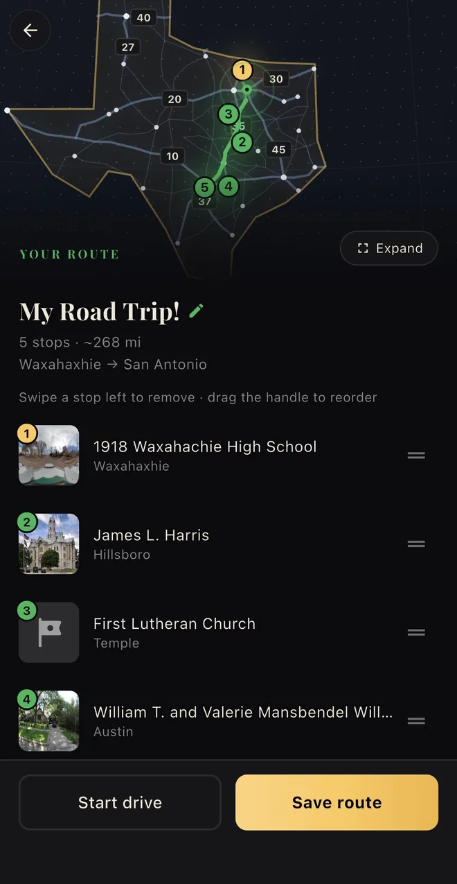 RoadTrip Creator building a route from Waxahachie to San Antonio